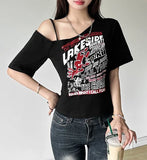 Y2K Letter Print Off Shoulder T-Shirt
