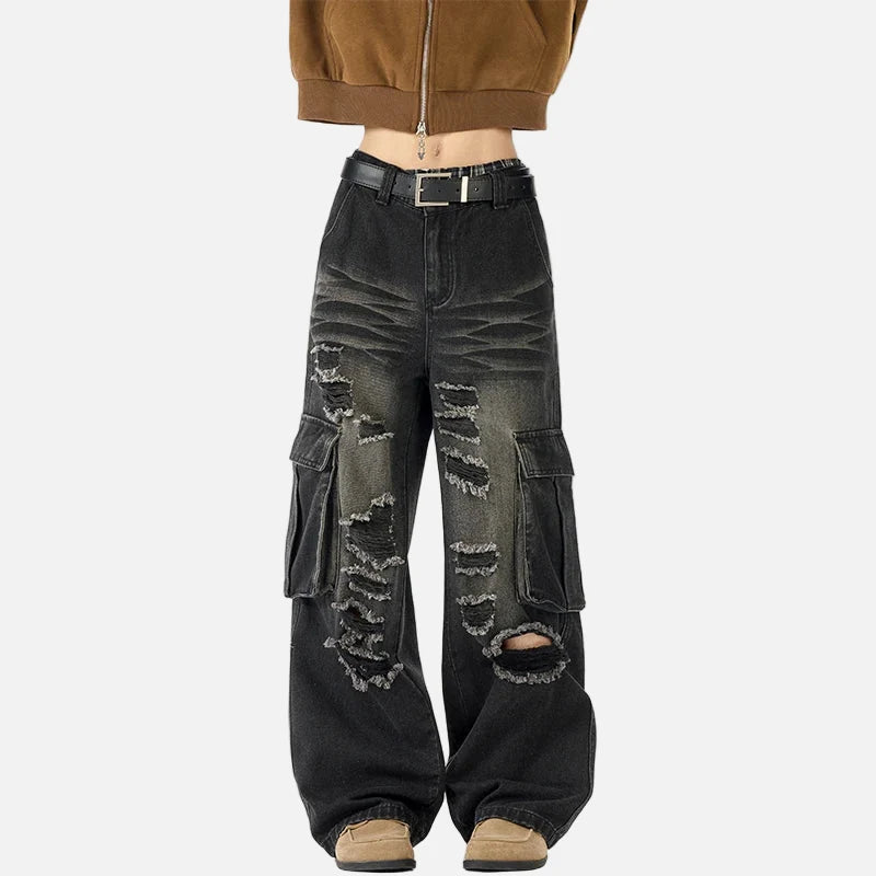 Camouflage Loose Ripped Straight Leg Cargo Jeans