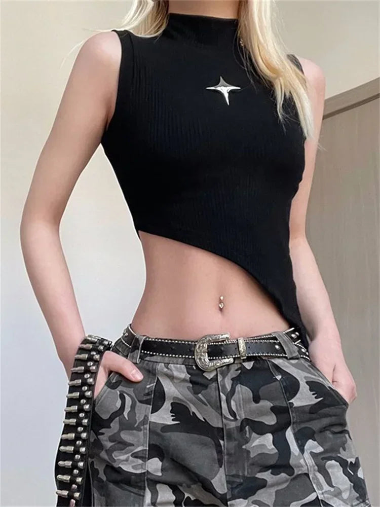 Model wearing the black Y2K Starlight Shimmer Top