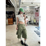 Women Green Plaid Print High Waist Wide Baggy Jorts