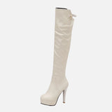 Embroidered Harness Stiletto Over Knee Leather Boots