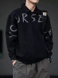 Oversized Letter Print Black Polo Sweatshirt