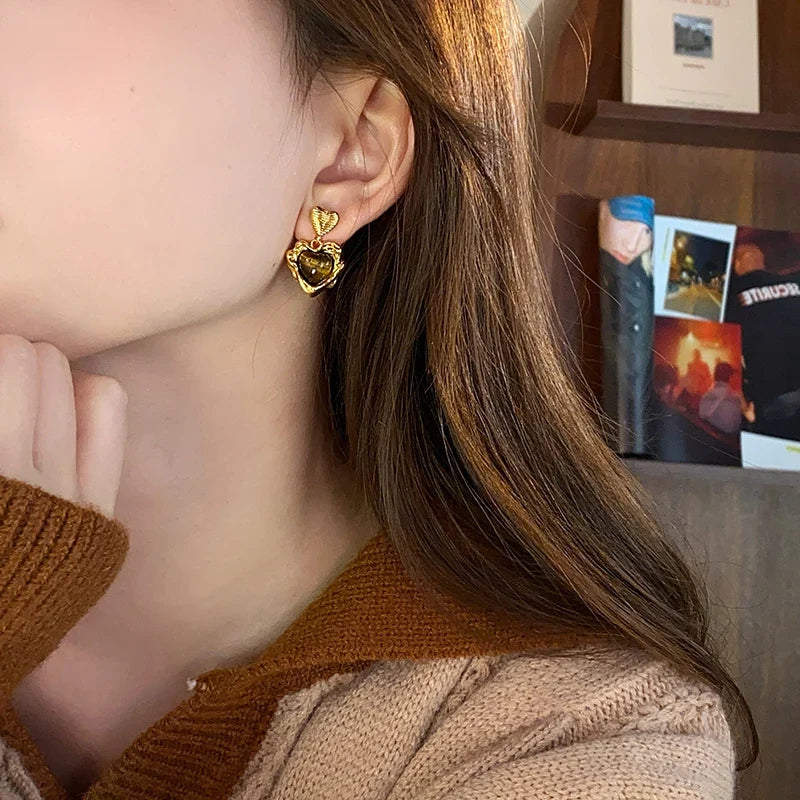 Exquisite Heart Shaped Tiger Eye Earring