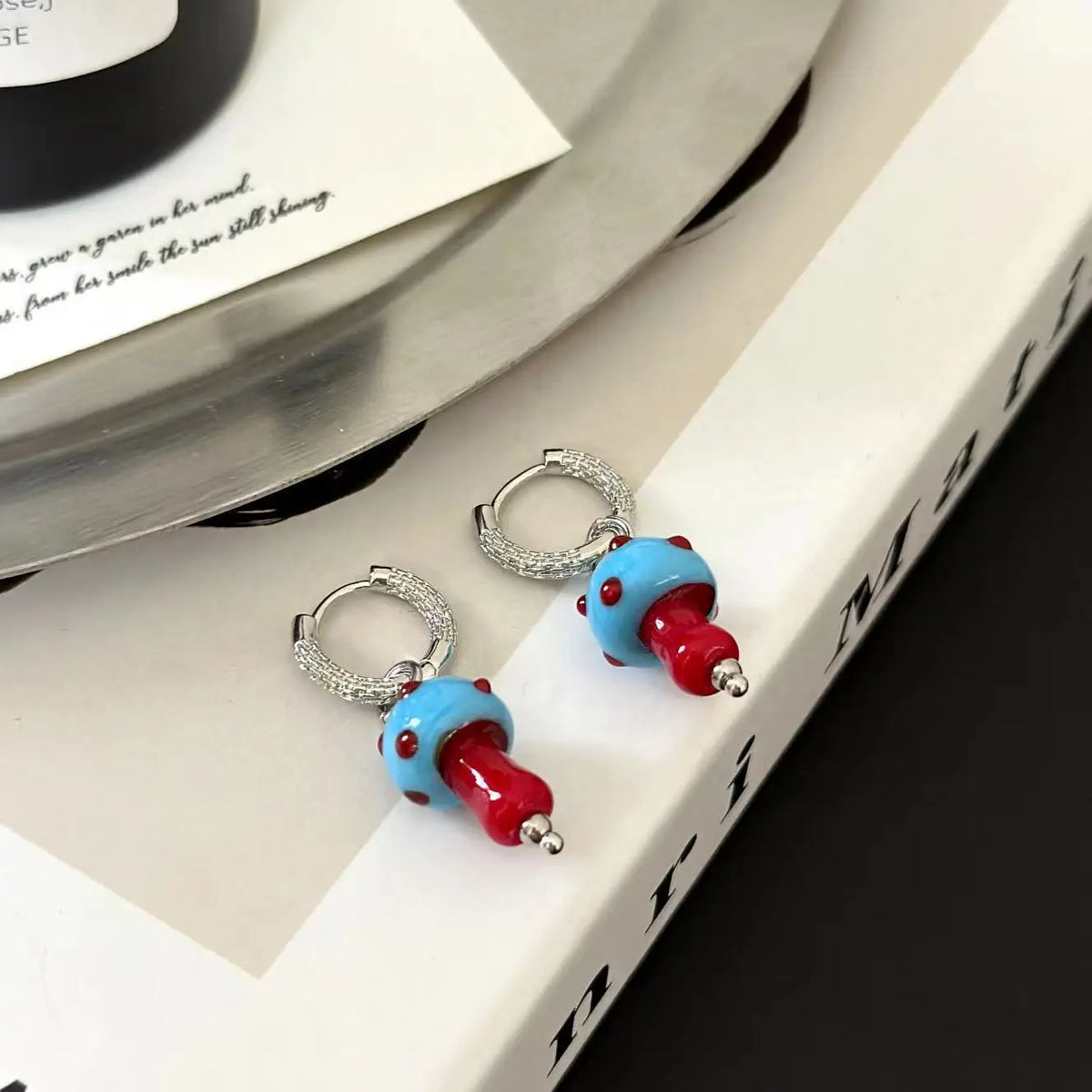Vibrant Colorful Mushroom Resin Hoop Earrings