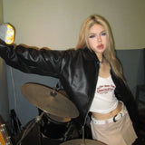 Women Streetwear Embroidered Motorcycle Leather Jacket