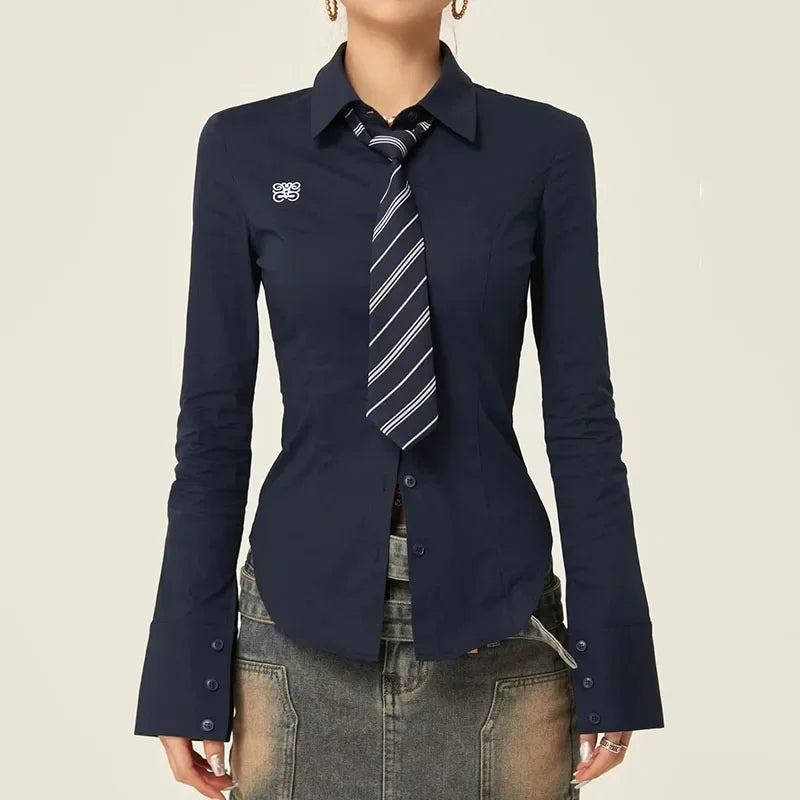 Women Stylish Trendy White Slim Fit Tie Shirt