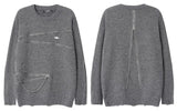 Streetwear Distressed Chain Detail Zipper Knit Sweater