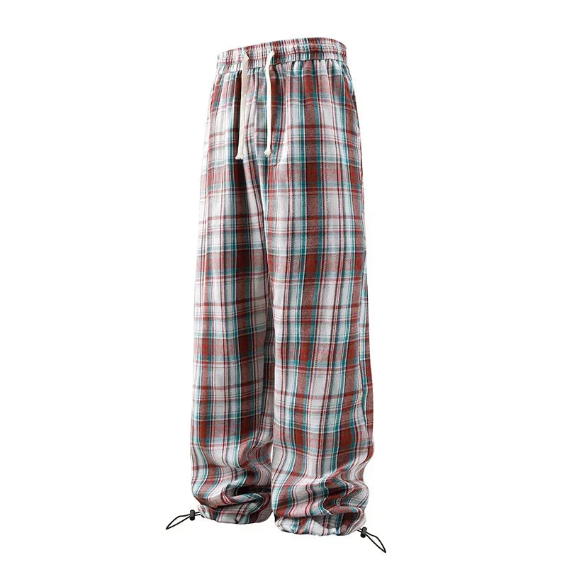 Plaid Drawstring Straight Pants