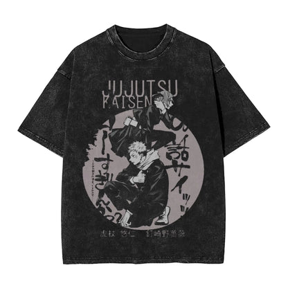 Anime Girl Dinner Print Washed T-Shirt