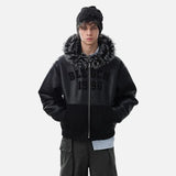 Gothic Letter Faux Fur Hooded Leather Jacket