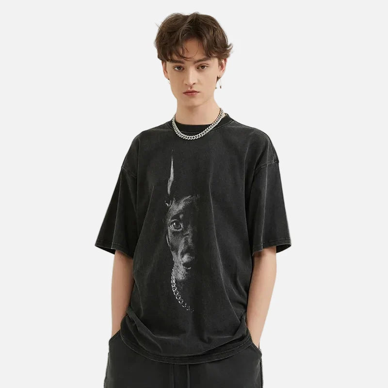 Oversized Faded Black Doberman Graphic T-Shirt