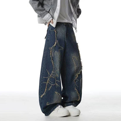 Raw Edge Printing Contrast Color Wide Leg Jeans
