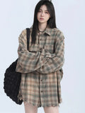Women Streetwear Vintage Plaid Tassel Long Sleeve Shirt