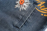 Butterfly Flowers Print Denim Jacket