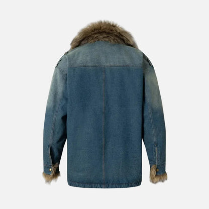 Y2K Washed Distressed Denim Padded Fur Jacket