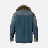 Y2K Washed Distressed Denim Padded Fur Jacket
