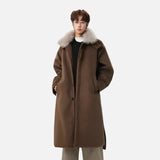 Classic Solid Color Detachable Fur Collar Wool Coat
