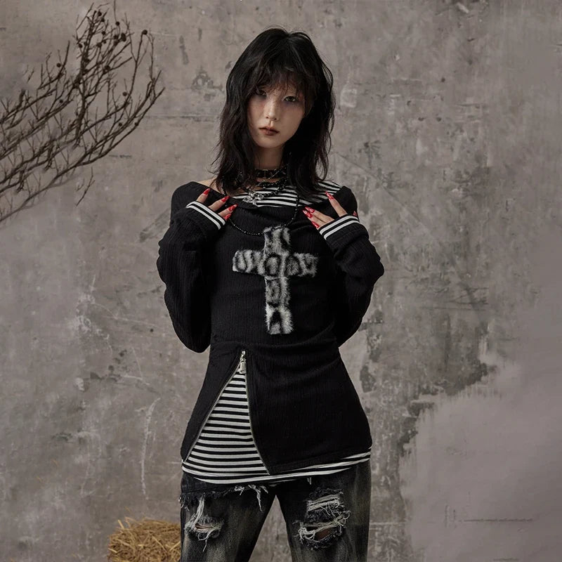 Grunge Patchwork Knitted Long Sleeve Top