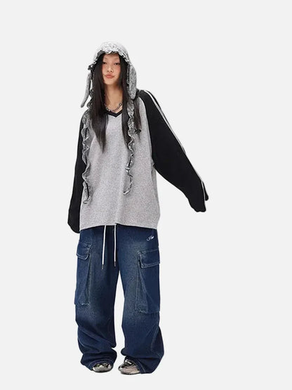 Black and Gray Contrast Color Long Sweatshirt