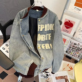 Vintage Distressed Denim Baseball Varsity Jacket