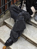 Women Washed Black Baggy Cargo Jeans