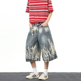 Streetwear Comfort Flame Wash Wide Leg Denim jorts