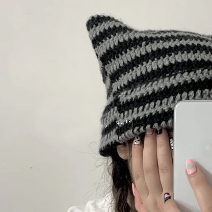 Cute Cat Ears Striped Beanie