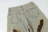 Streetwear Leopard Print Patch Rivets Ripped Jeans