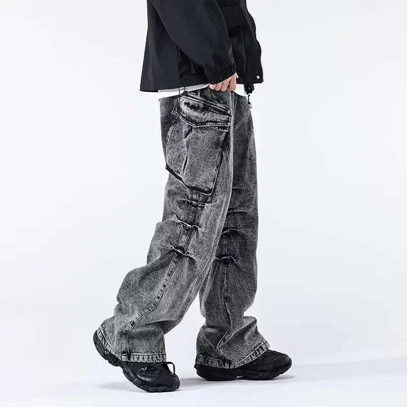 Minimal Look Gray Pleated Cargo Jeans