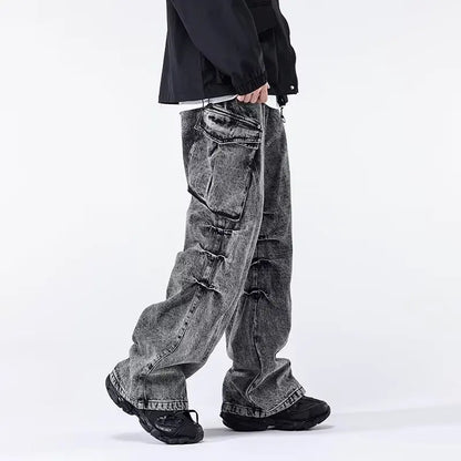 Minimal Look Gray Pleated Cargo Jeans