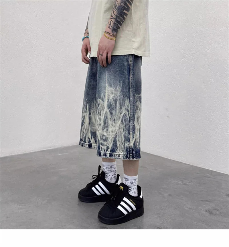 Flame Graphic Print Denim Short