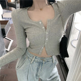 Button Thin Knitted Long Sleeve Crop Top
