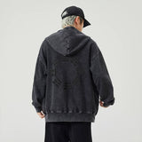 Washed Streetwear Embroidered Zip-Up Hooded Sweatshirt