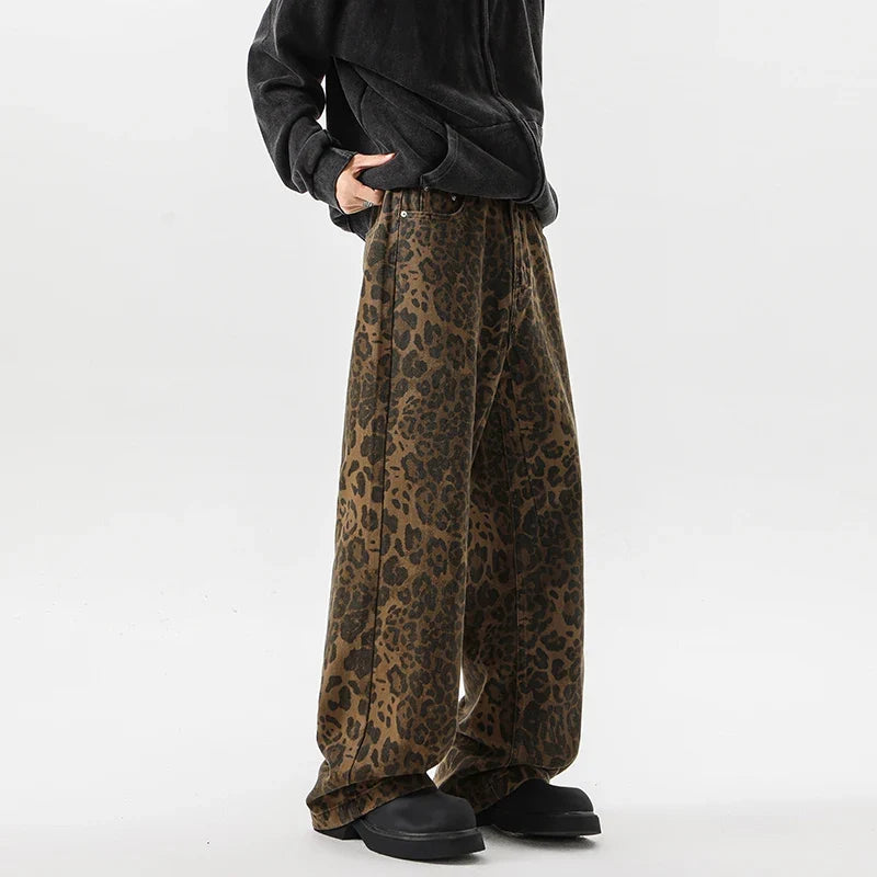Streetwear Leopard Print Wide Leg Denim Jeans