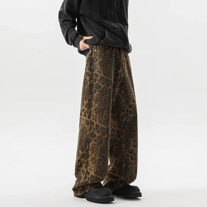 Streetwear Leopard Print Wide Leg Denim Jeans