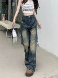 Street Denim Blue Loose Hole High Waist Jeans
