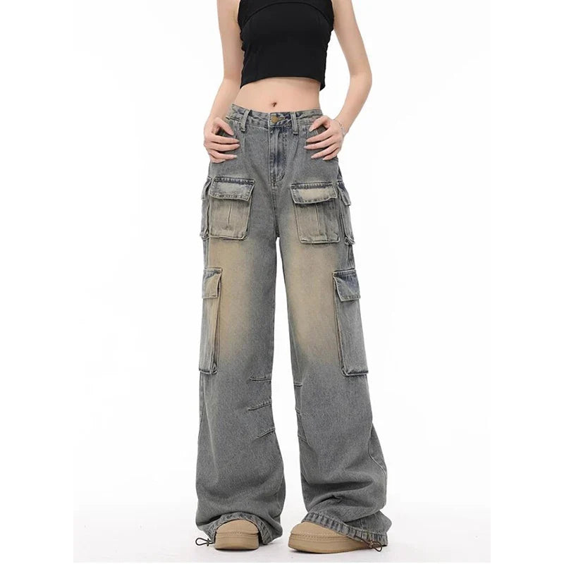 Women Cute Trendy High Waist Wide Leg Blue Jeans