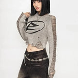 Vintage Distressed Cropped Long Sleeve Sweater