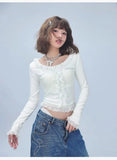 Women Spicy Lace Trim Long Sleeve T-shirt
