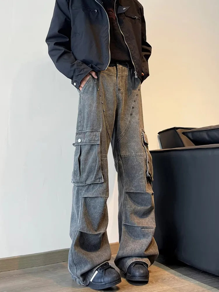 Y2K Streetwear Vintage Cyber Gray Pleated Baggy Jeans
