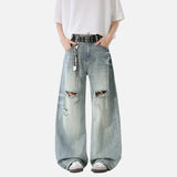 Rugged Blue Distressed Wide Leg Jeans