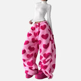 Versatile Elastic Waist Heart Print Drawstring Sweatpants
