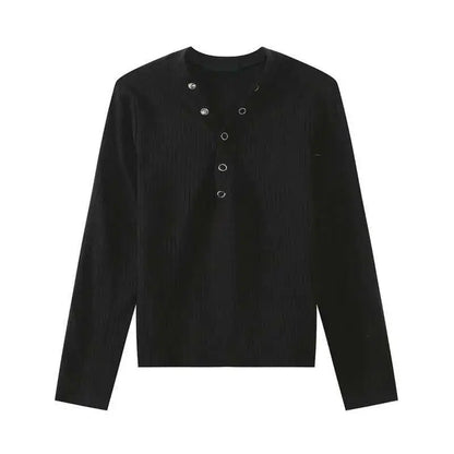 V-neck Knitting Button Long Sleeved T-shirts
