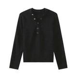 V-neck Knitting Button Long Sleeved T-shirts