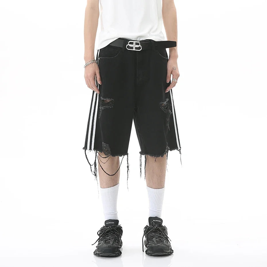 Side-Striped Ripped Denim Shorts