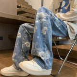 Model wearing the blue Floral Wide-Leg Jeans