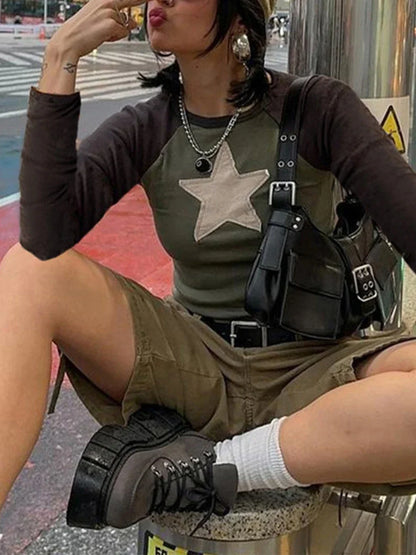 Women Vintage Star Patchwork Crew Neck T-Shirt