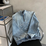 Vintage Distressed Denim Half Zipper Sweatshirt