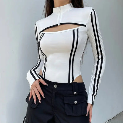 Model wearing the white Cutout Long-Sleeve Striped T-Shirt