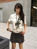 Women Retro Vintage Letter Print Slim Fit T-Shirt